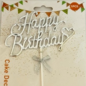 HAPPY BIRTHDAY SILVER CAKE TOPPER